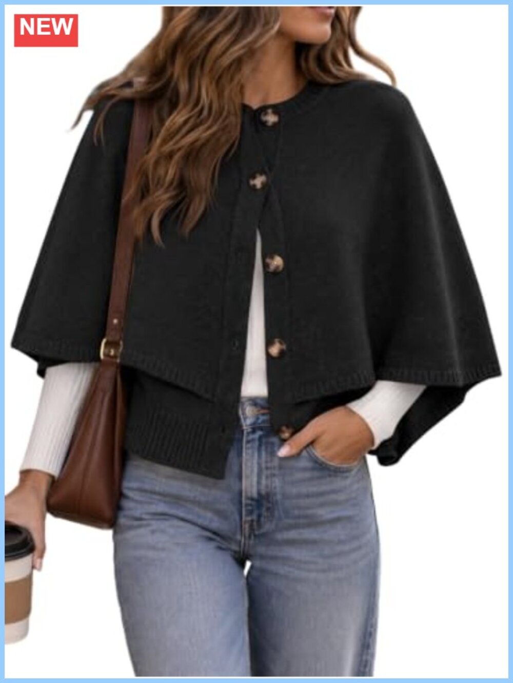 Womens Cropped Cape Cardigan Button Up Crew Neck Knit Sweater